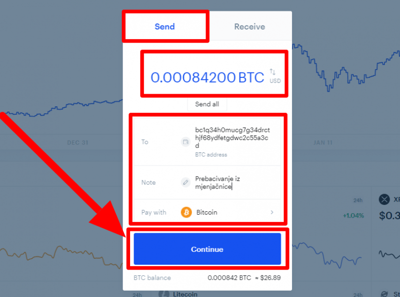 Slanje kriptovaluta iz Coinbase mjenjačnice