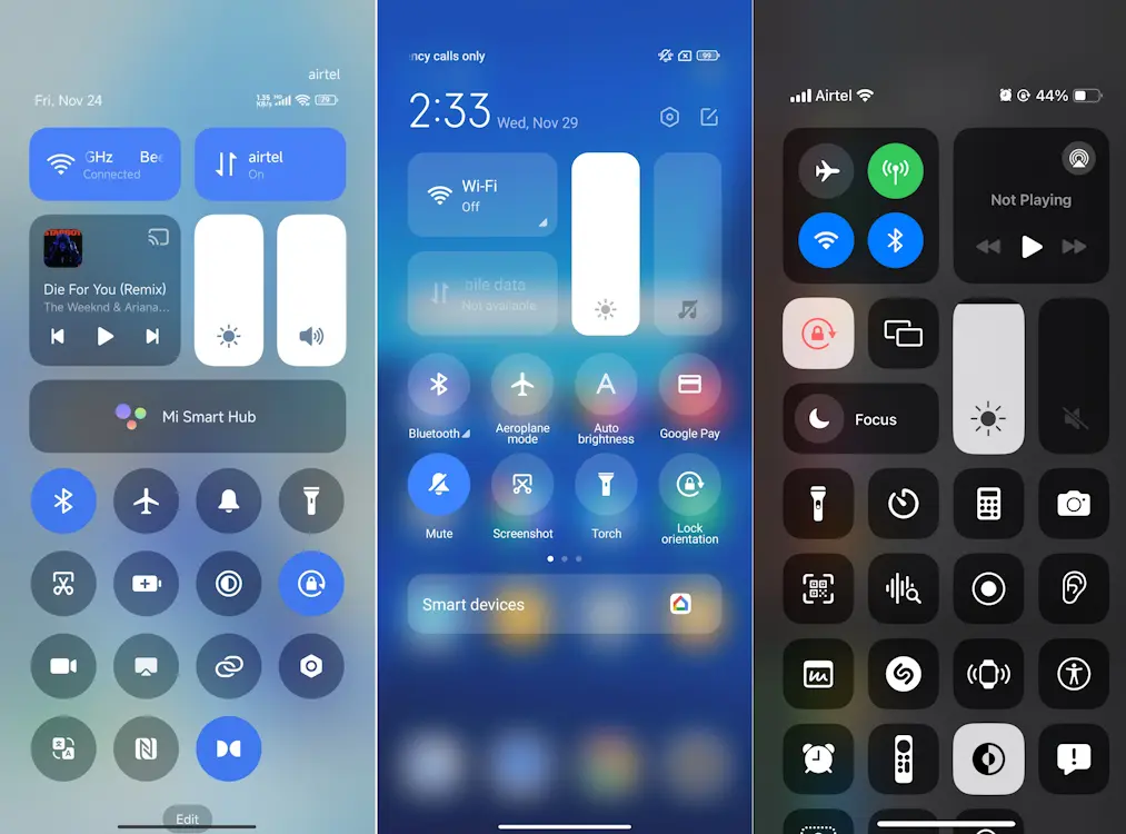 (slijeva na desno) hyperos vs miui 14 vs ios 17.2 kontrolni centar poređenje