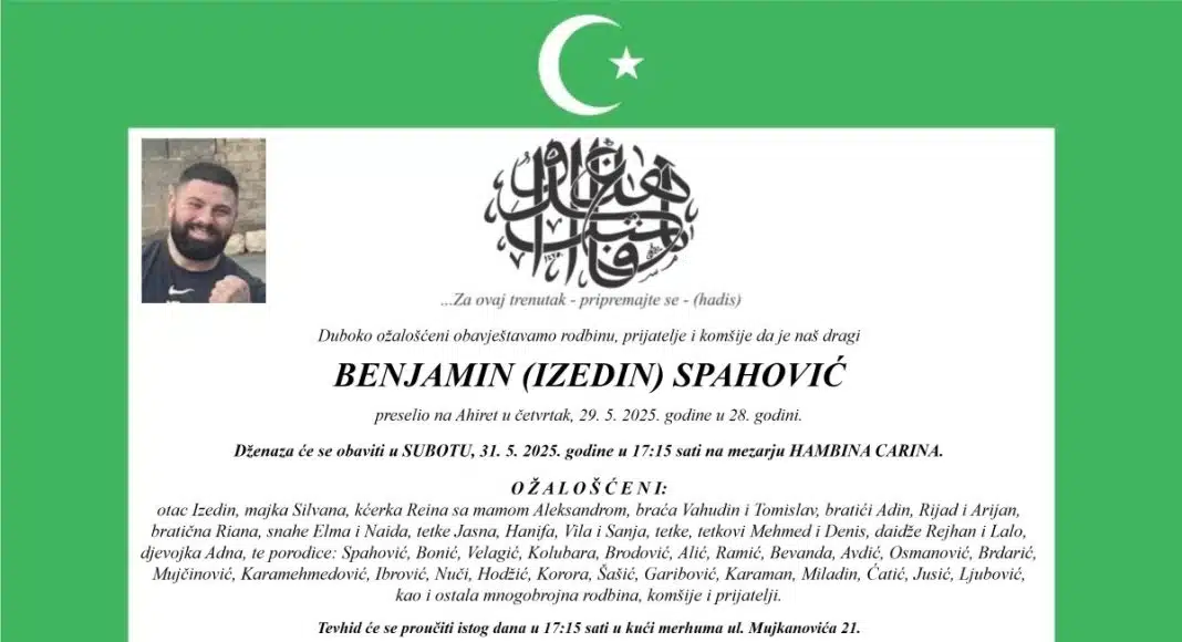 Poznat termin dženaze Benjaminu Spahoviću
