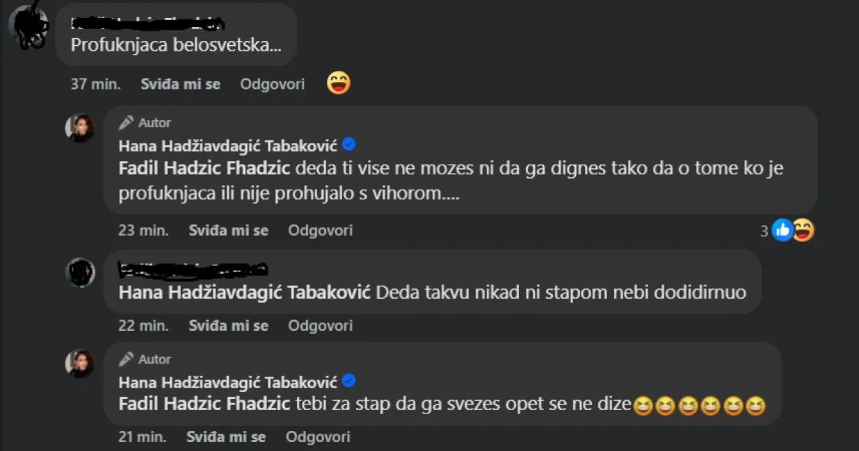 Hana Hadsiavdagić Tabaković u Facebook raspravi /
