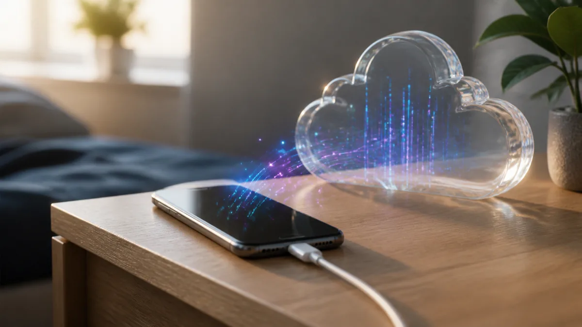 Pametni telefon spojen na punjač tokom izrade sigurnosne kopije u oblaku