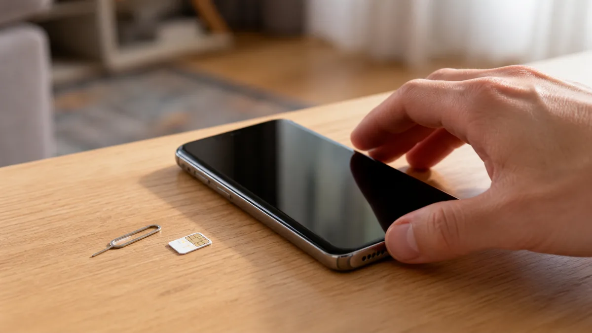 Telefon, SIM kartica i alat za SIM ladicu na drvenom stolu
